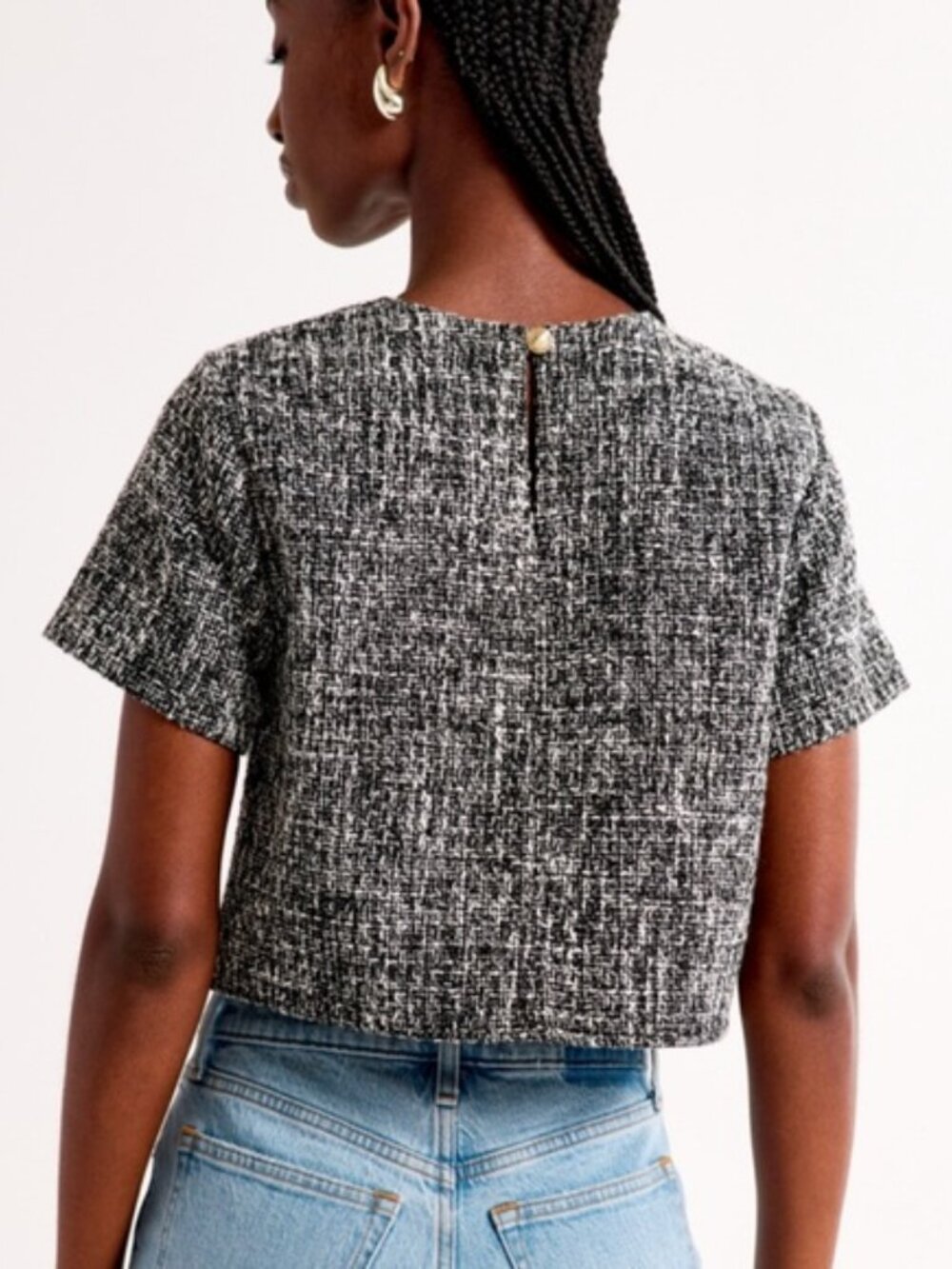 Abercrombie & Fitch Womens XS Tweed Woven Tee Top Black White Cropped Boxy Lined - Picture 2 of 14